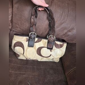 Y2k 2000s Coach Brown and Tan Signature Tote Bag Has Stains